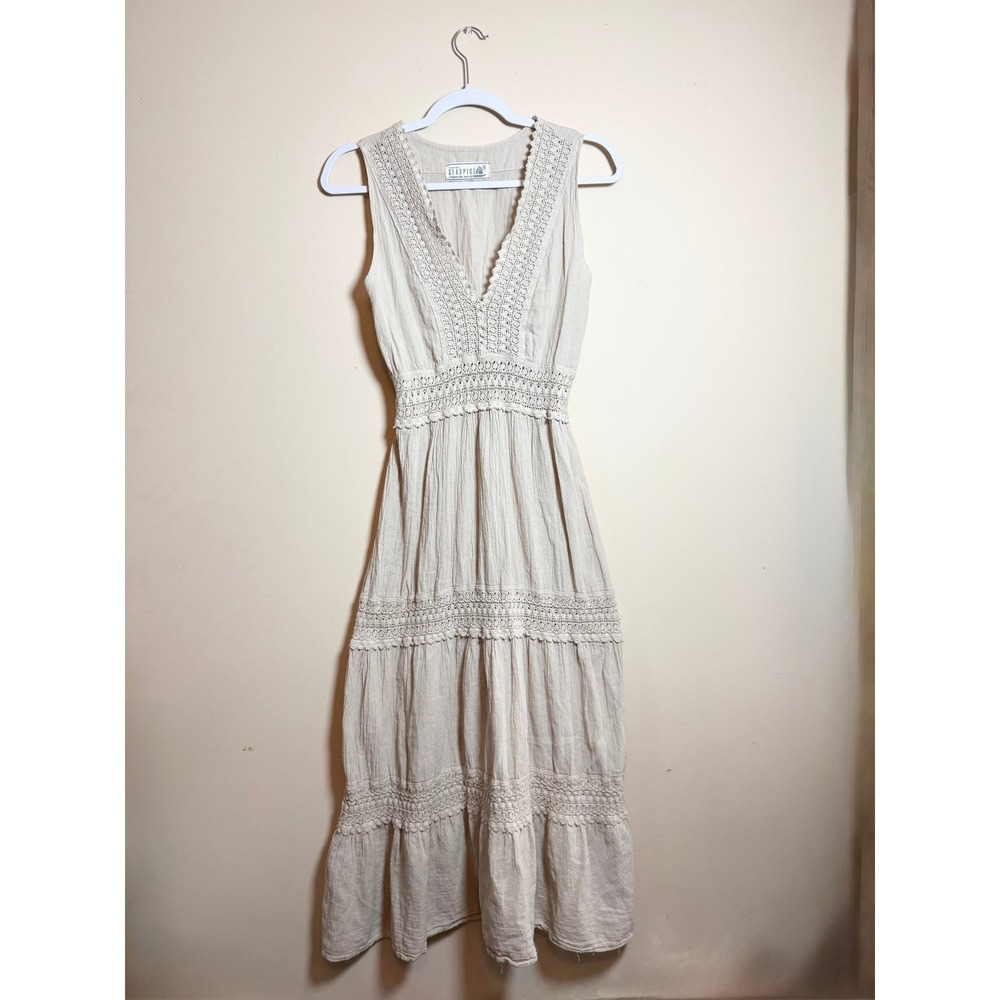 Seaspice Resort Wear Beige Cotton Crochet Lace Maxi Dress Medium Boho Summer